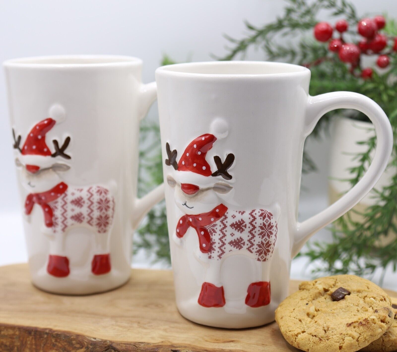 2Pc Reindeer Tall Mug 430ml Coffee Tea Cup Christmas Table Novelty Gift Deocr