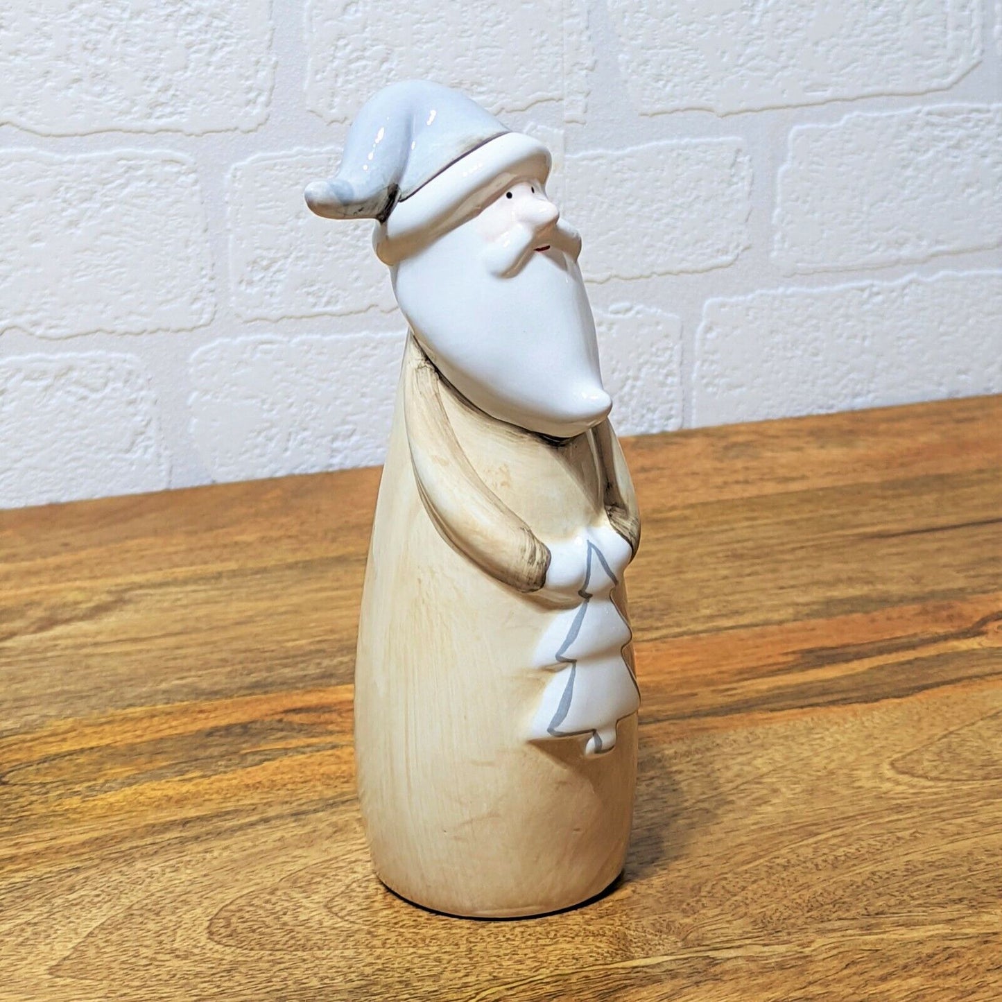 Christmas Santa Beige Ceramic Tall Santa Clause Standing With Christmas Tree 