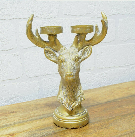 Gold Stag Head 2 Votive Candle Holders Bust Deer Antler Tea Light Holder