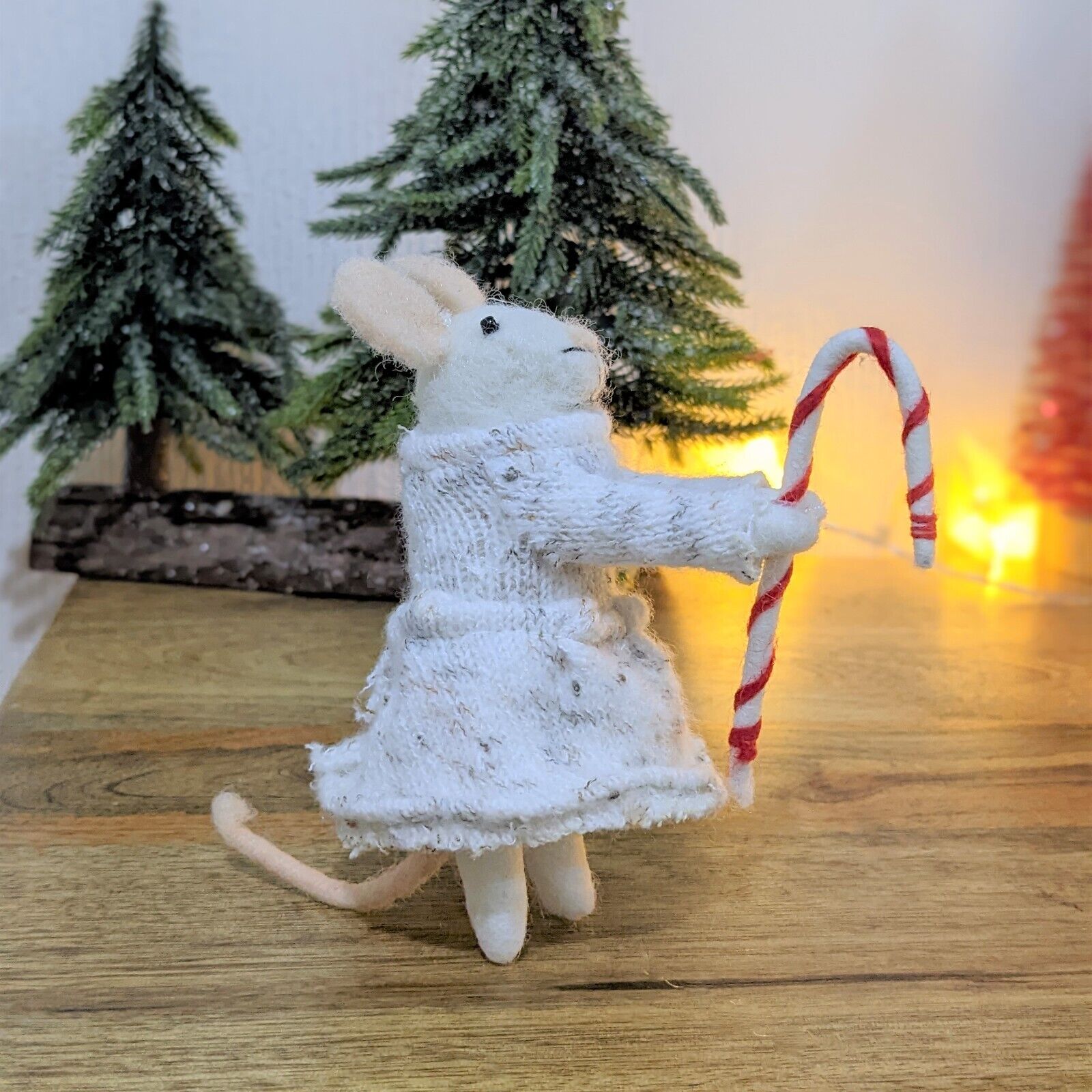 12cm Christmas Mouse with Candy Cane Freestanding Wool Christmas Figurine Decor