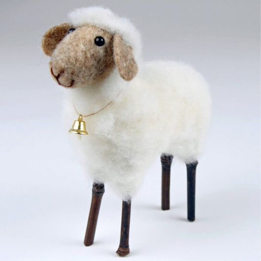 White Wool Felt Plush Bell Sheep Standing Ornament Shelf Sitter Wooden Legs