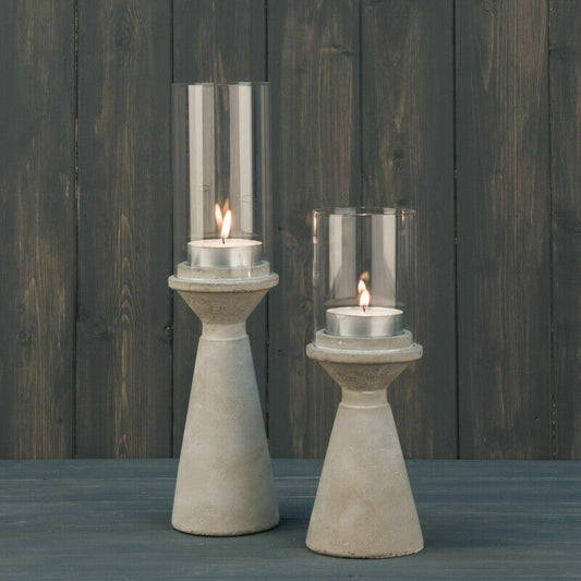 Grey Hurricane Cement Concrete Tea Light Candle Holders Lantern with Glass Shade