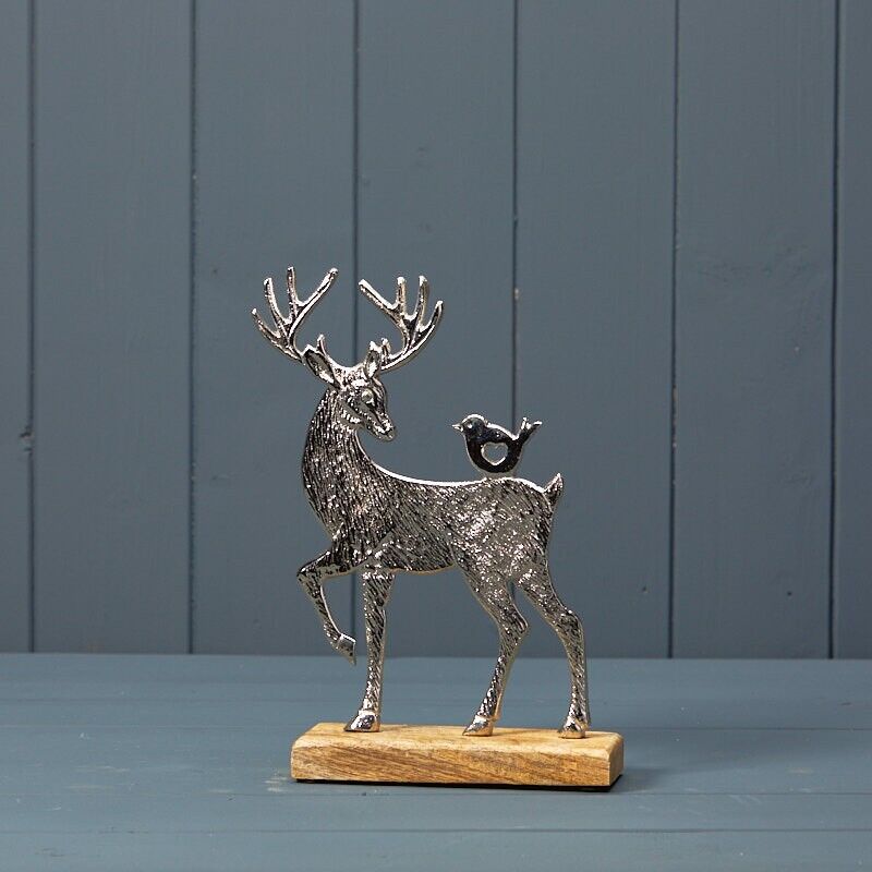 22cm Silver Metal Deer Antler Bird Scene Home Decor Ornament Figurine On Wood