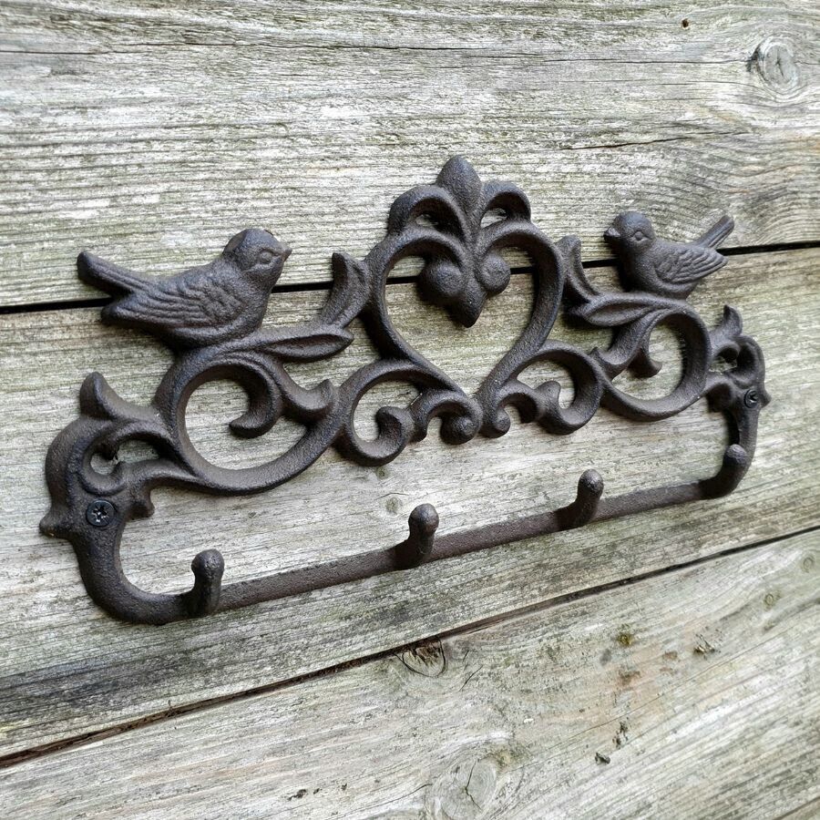 Love Birds 4 Hooks Coat Key Hat Hanger Cast Iron Brown Rustic Wall Mounted 