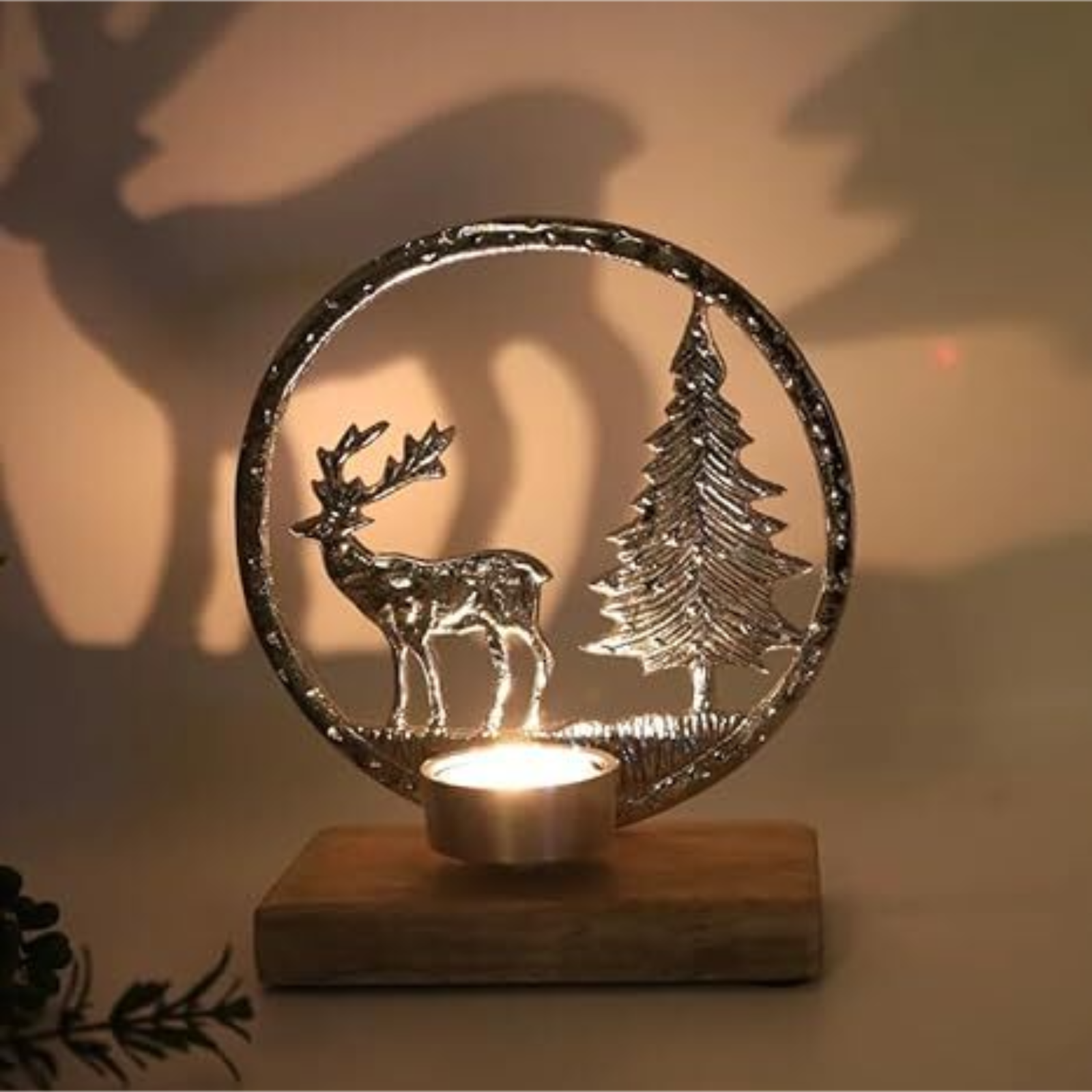 Silver Aluminium Deer Antler Tree Scene 16.5cm Christmas Tealight Holder On Wood