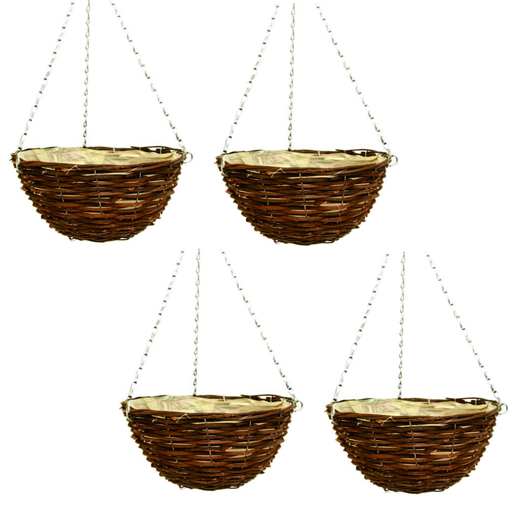 4X 25cm 10 Inch Dark Brown Wicker Hanging Basket Lined Rattan Willow Planter