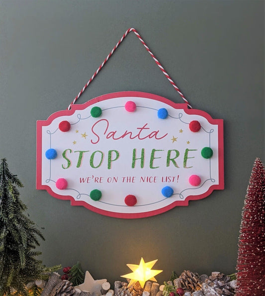 Wooden Santa Stop Here Slogan Plaque Home Christmas Decor Santa Window Notice 