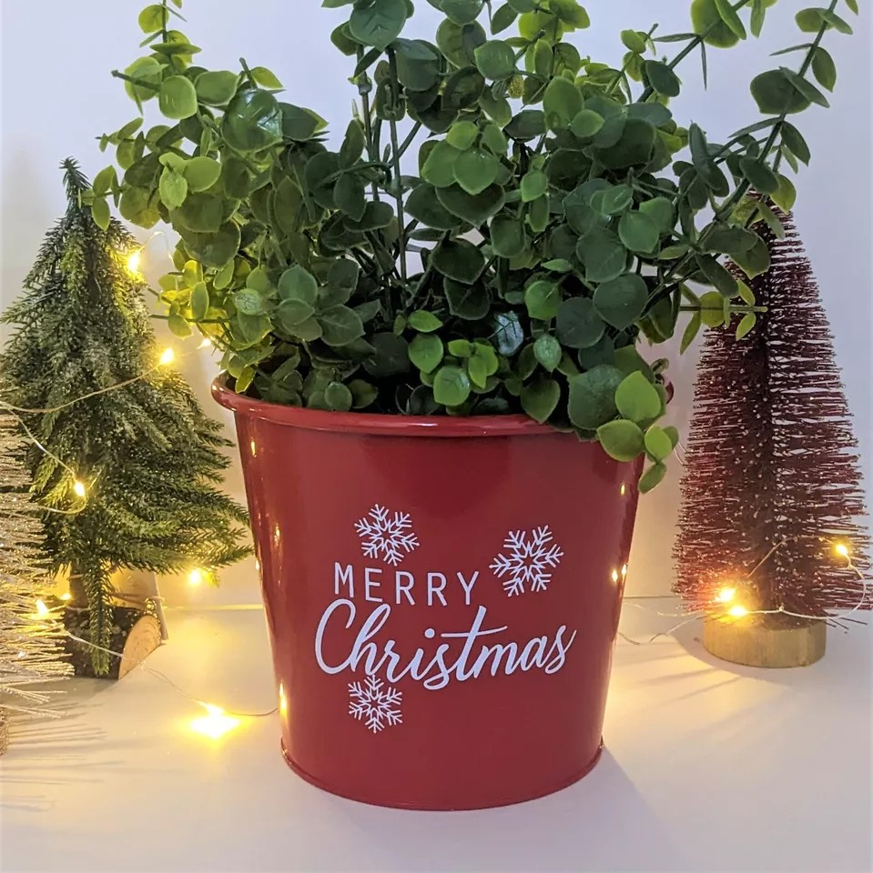 2Pc Metal Merry Christmas Red Plant Pot Pail 20cm Planter Xmas Decor SnowFlakes