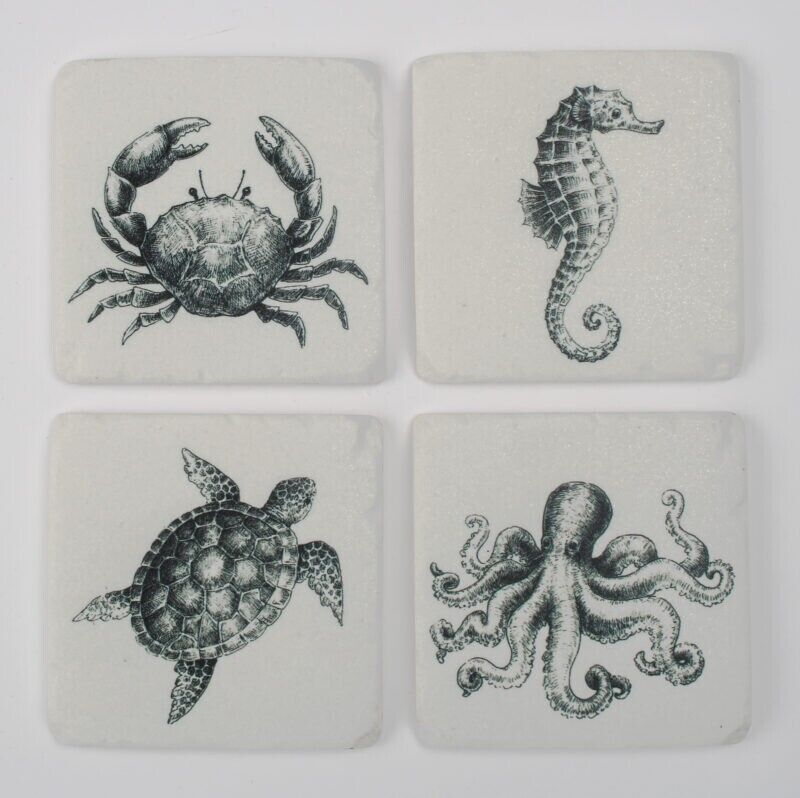 Ceramic Mono Coasters Set of 4 Sea Creatures Cork Backed Coasters Table Mats