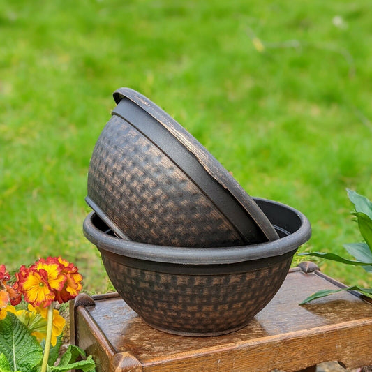 Set Of 2 Copper Plastic Plant Pot 30cm Round Garden Bowl Planter Cover Garden 