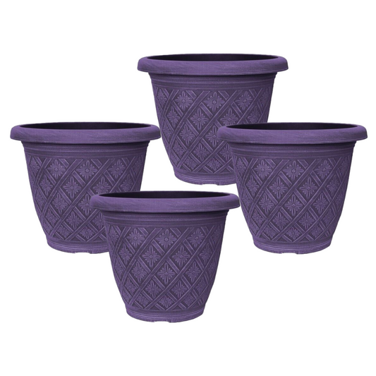 Planter Set of 4 Round 33cm Garden Plant Pot Woven Purple Flower Outdoor Deco