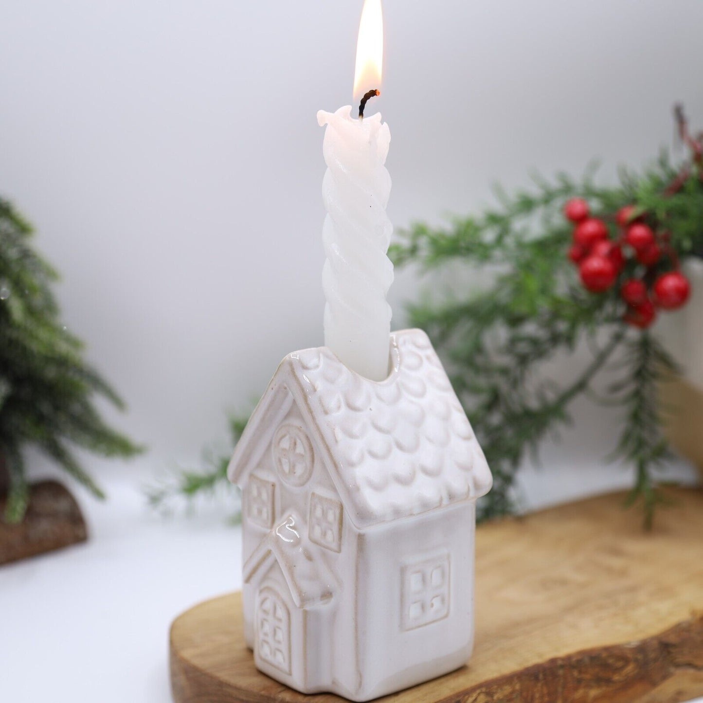 Beige Ceramic Candle Holder Country House Village Scene Ornament 10.5cm Decor