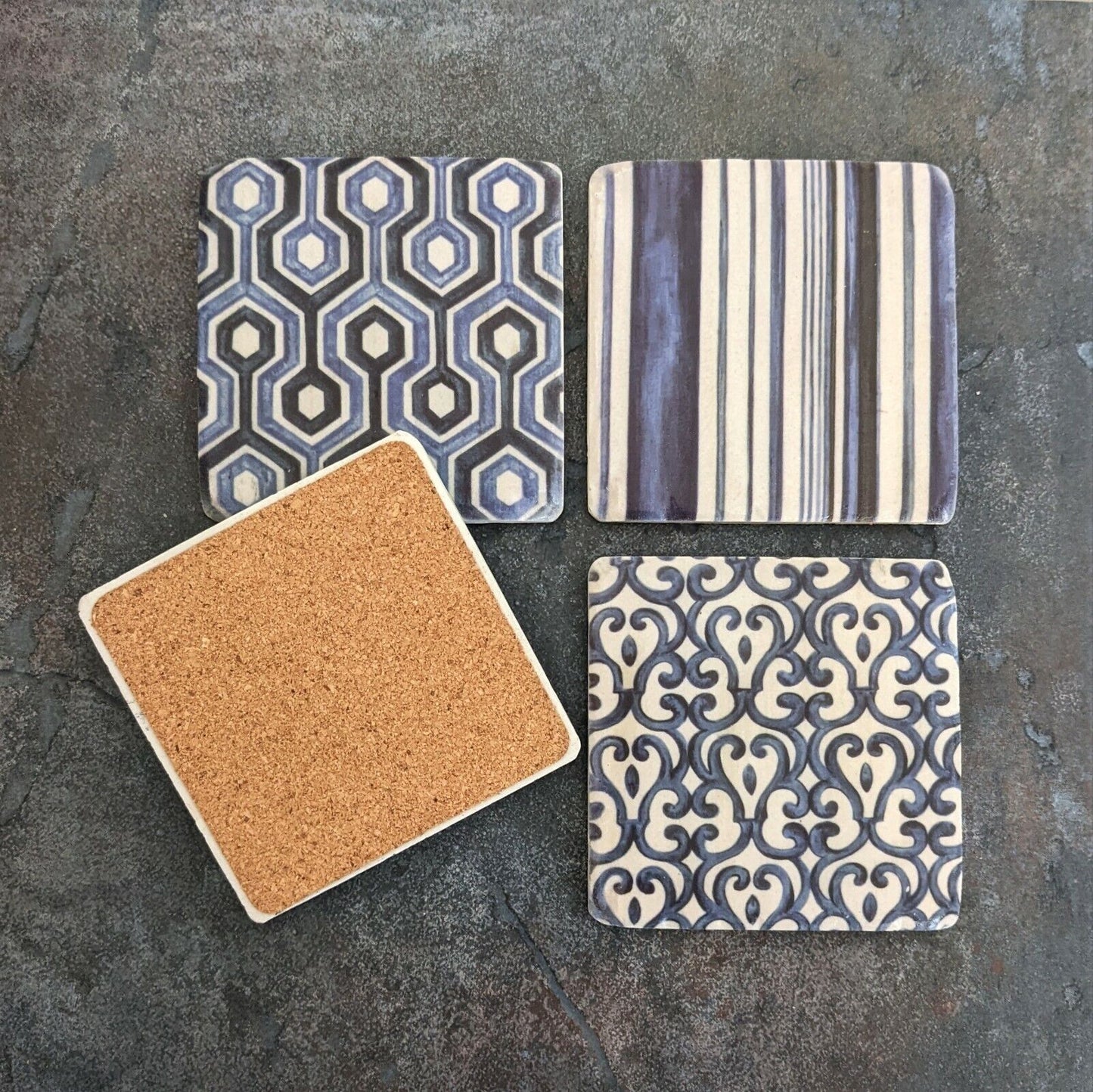 Ceramic Coasters Set of 4 Blue Geometric Willow Cork Backed Coasters Table Mats