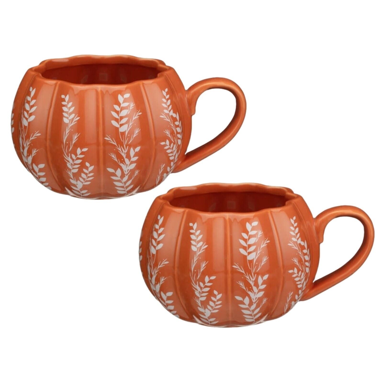 2Pc Orange Ceramic Pumpkin Mug with Leaf Decal Autumn Round Tea Coffee Mug Gift