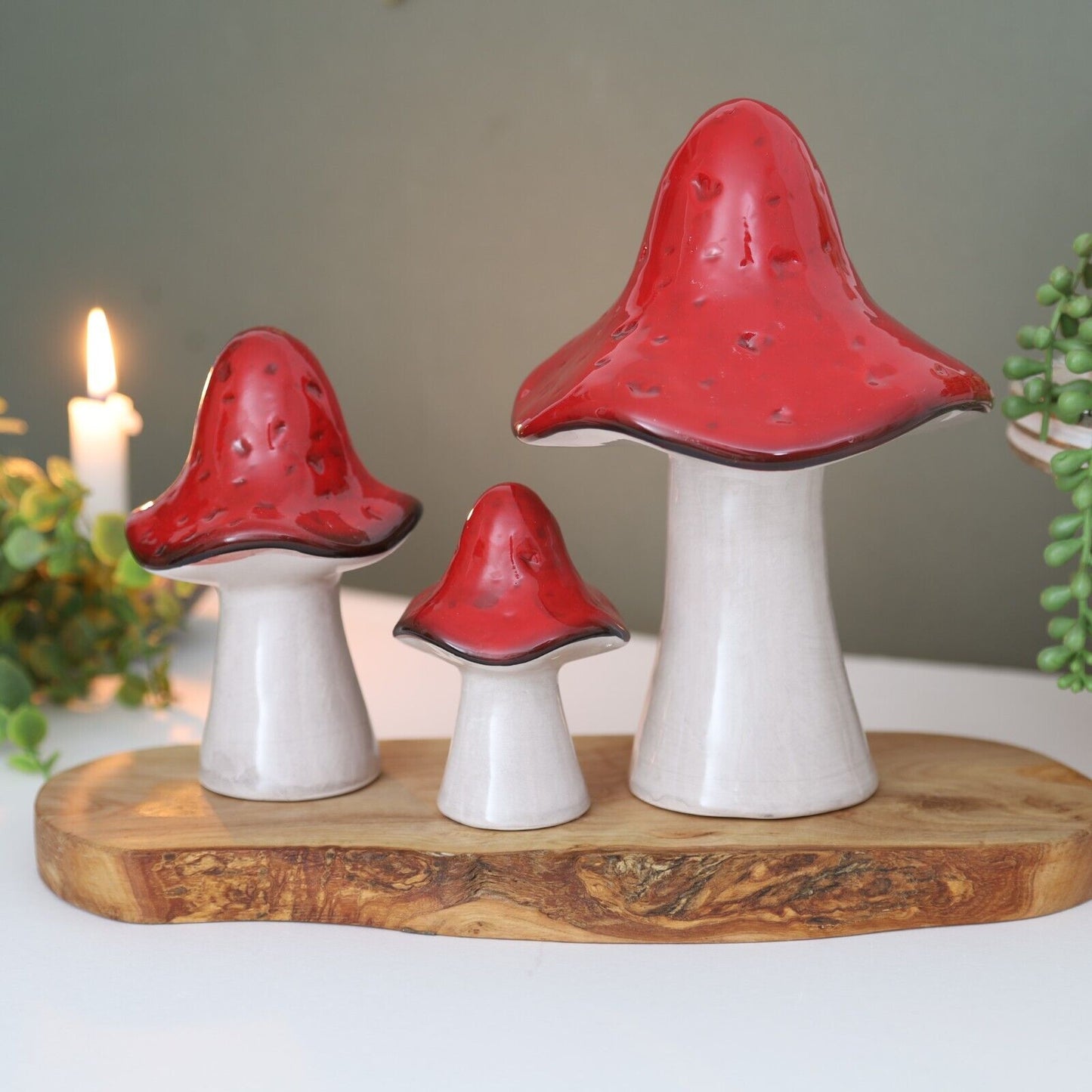 Ceramic Mushroom Autumn Fall Toadstool Red & White Painted Home Decor Ornament