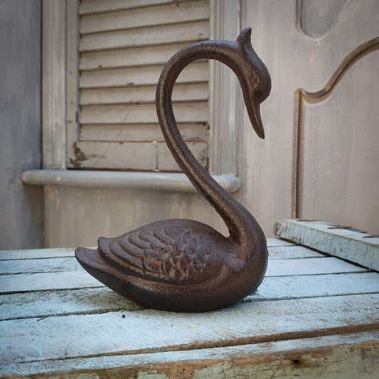 Cast Iron Brown Swan Ornament Garden Outdoor or Indoor Sculpture Decor