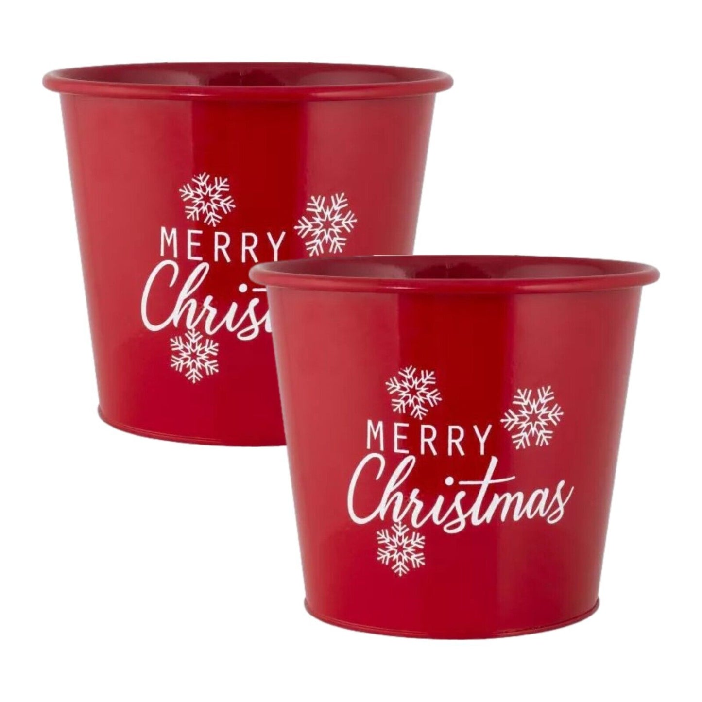 2Pc Metal Merry Christmas Red Plant Pot Pail 20cm Planter Xmas Decor SnowFlakes