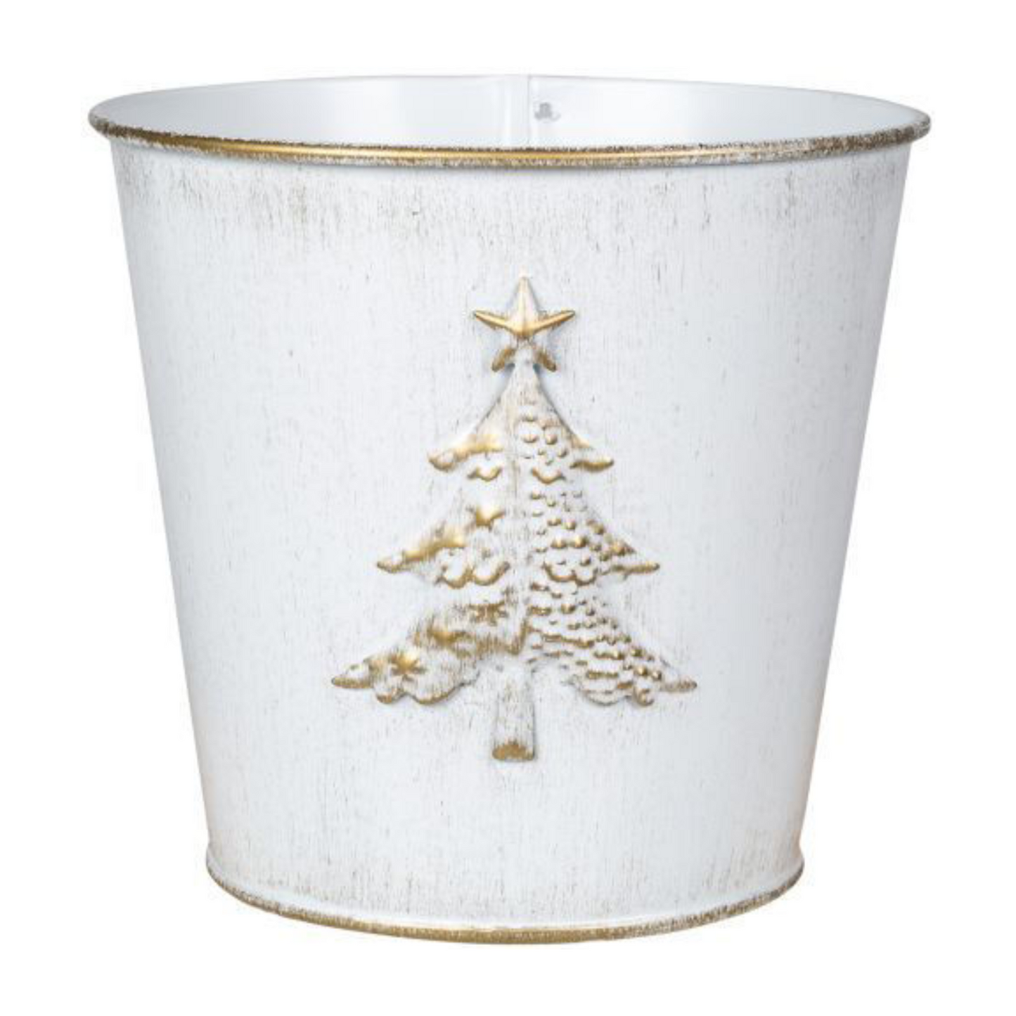 18cm Metal Christmas Tree Embossed Plant Pot Tin Pail Planter Gold White Decor