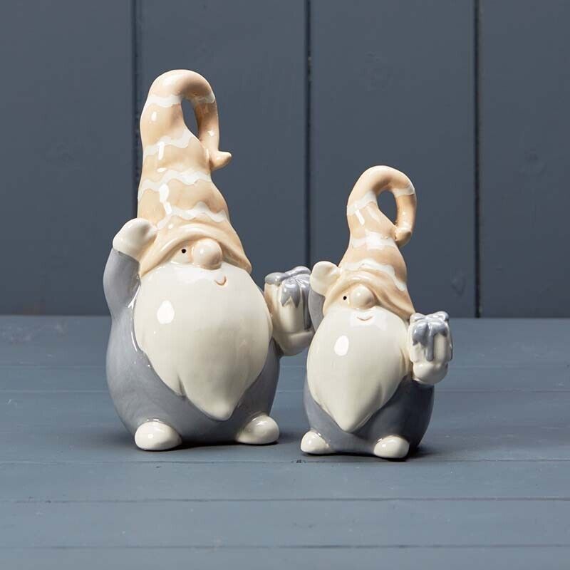 Set of Beige Ceramic Gonk Gnome Holding Gift Nordic Xmas Decor Christmas Gift