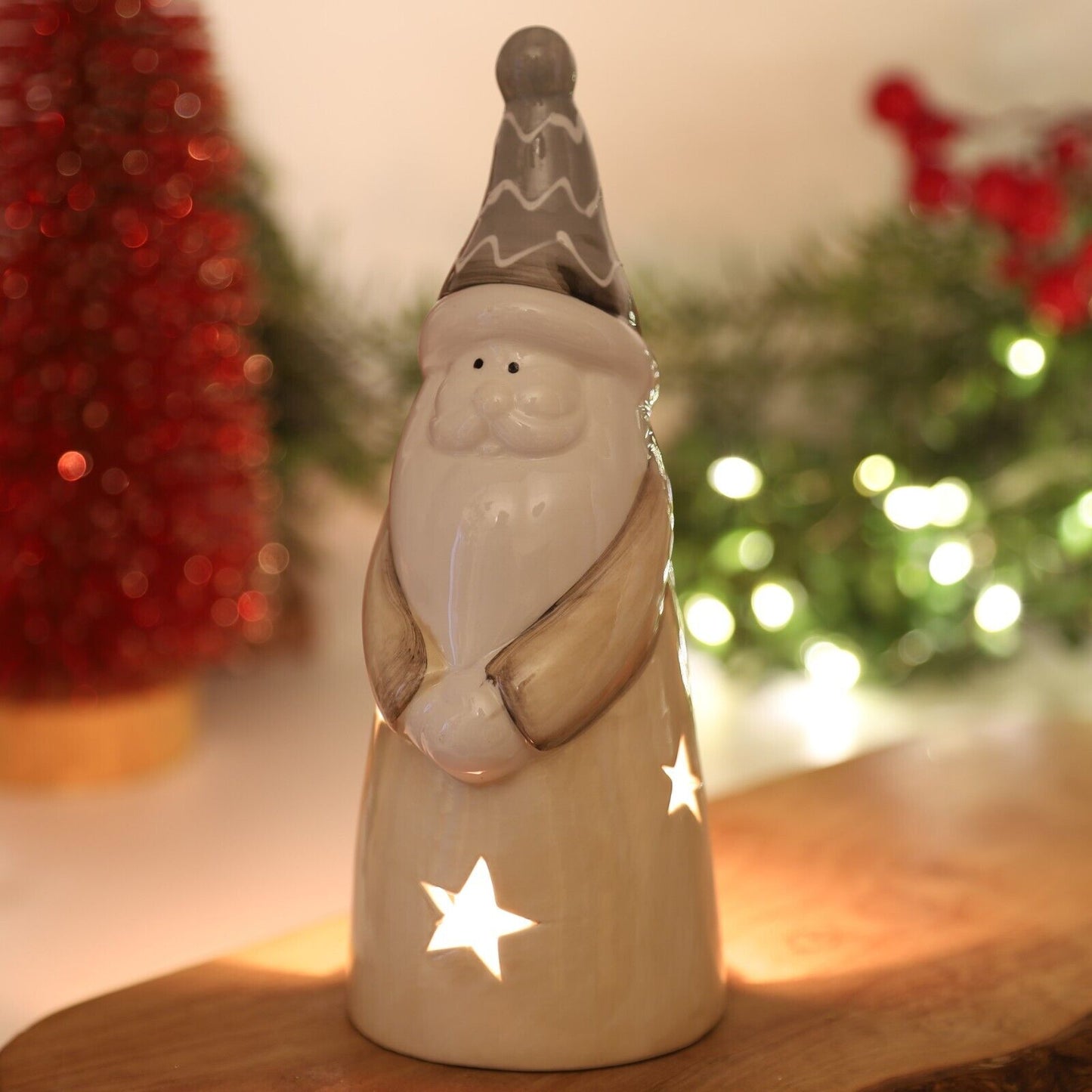 Ceramic Tall Santa Tealight Holder with Star Cut out Christmas Festive Decor