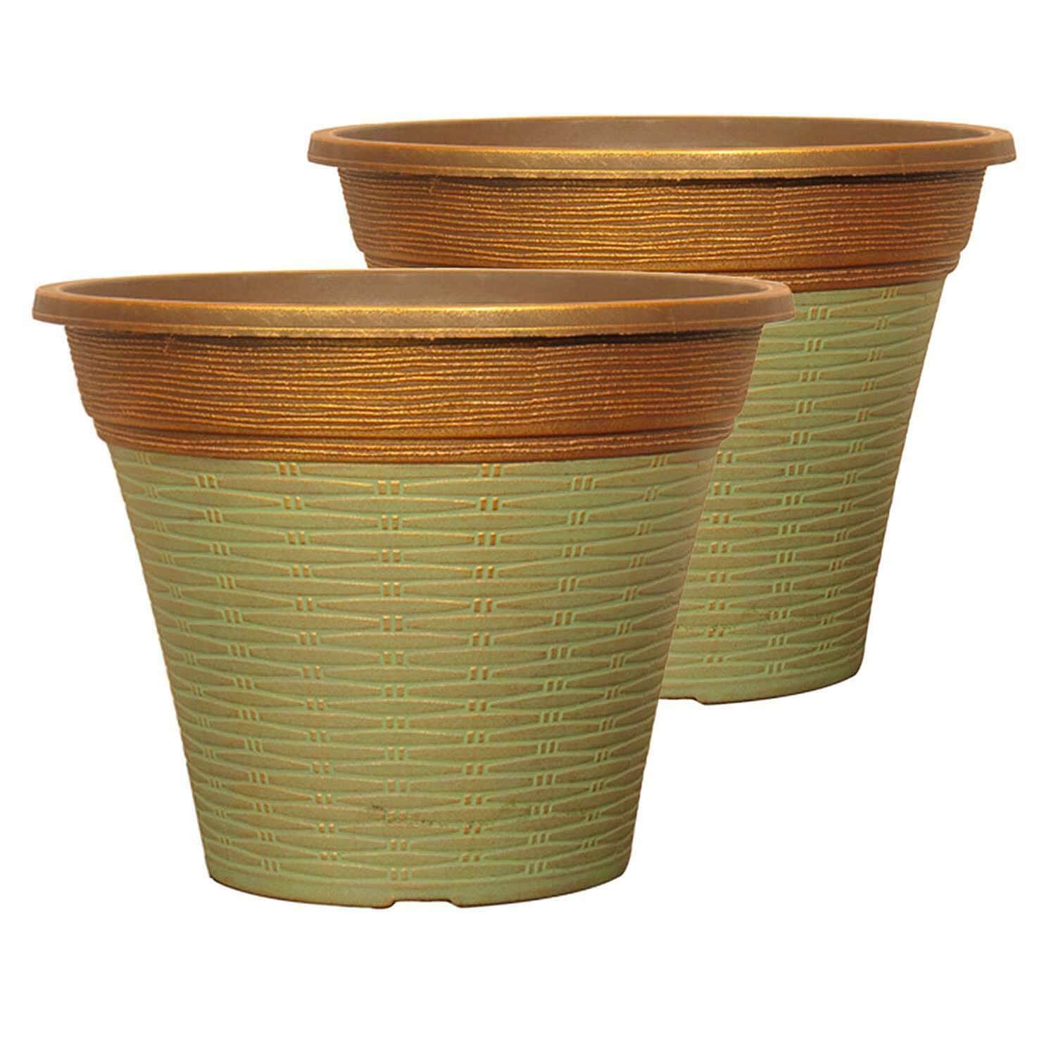 Plastic Plant Pot Set of 2 Copper Green 30cm Metallic 10L Round Garden Planter 