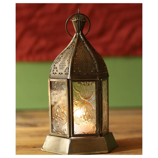 Gold Iron & Textured Glass Tealight Lantern Moroccan Antique Brass Lantern Gift