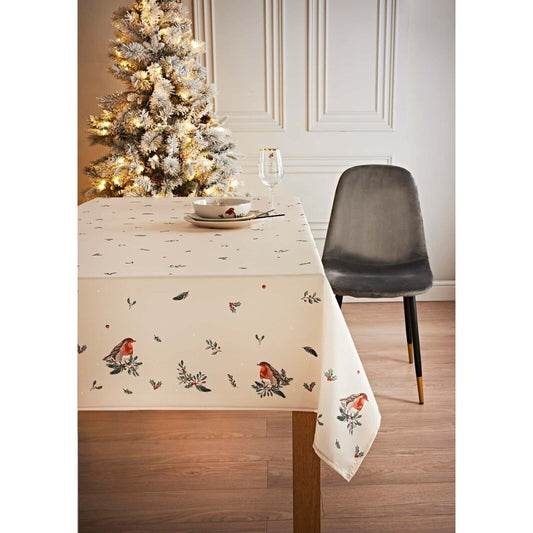 Luxury Christmas Jacquard Winter Robin Dining Table Cloth Cover Protector 230cm