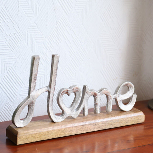 Silver Aluminium HOME Letters on Wooden Base 30cm Home Decor Ornament