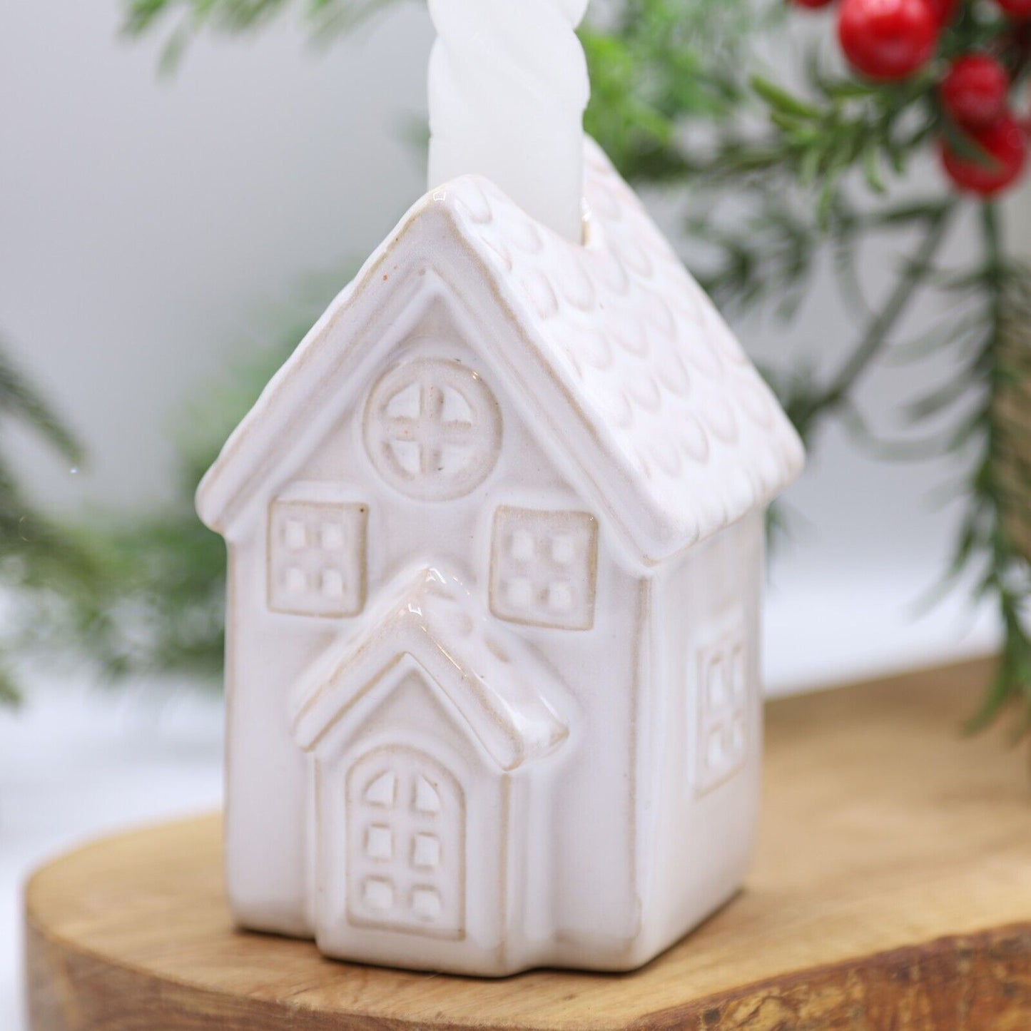 Beige Ceramic Candle Holder Country House Village Scene Ornament 10.5cm Decor