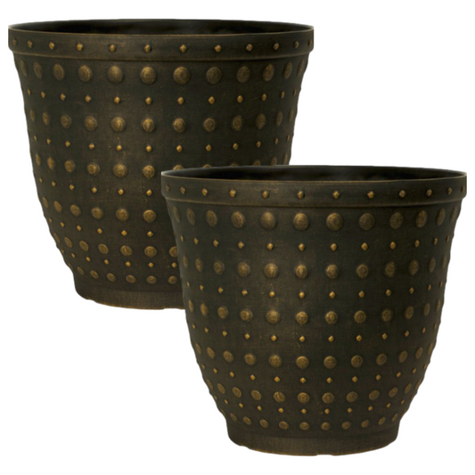 Planter 2Pc Plastic Hobnail 32cm Black Bronze Effect 16L Home Garden Plant Pot