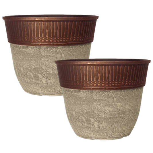 Set of 2 Stone Look Copper Rim Plastic Plant Pot 38cm 23L Round Garden Planter