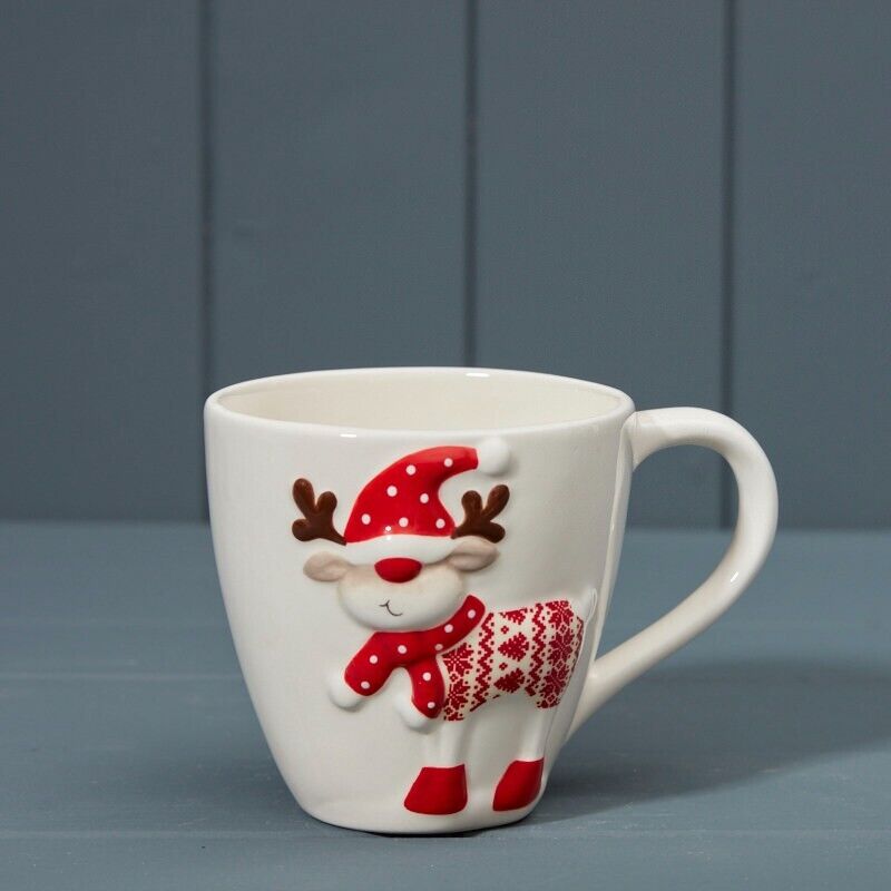 Red & White Reindeer Mug 300ml Coffee Tea Cup Christmas Table Novelty Gift Deocr