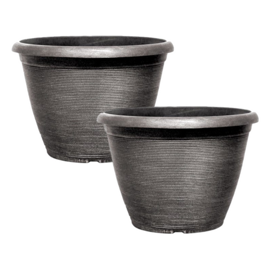 Set of 2 Round 33cm Garden Plant Pot Brushed Silver Grey Helix Flower Planter