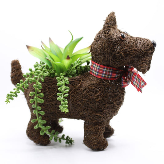 Rattan Scottie Dog Planter Pot Tartan Ribbon 31cm Rustic Garden Ornament Decor