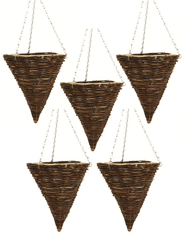 5X 30cm 12" Cone Dark Brown Wicker Hanging Basket Lined Rattan Willow Planter