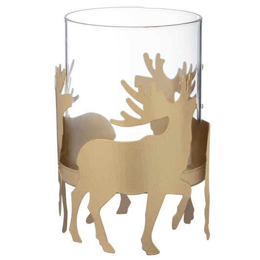 Gold Metal Stag Glass Pillar Candle Tea Light Holder Christmas Decoration Gift