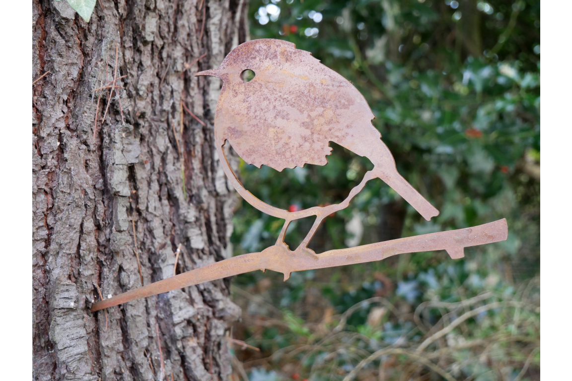 Bird Tree Spike Sign Rustic Brown Metal Outdoor Garden Ornament Plaque Decor