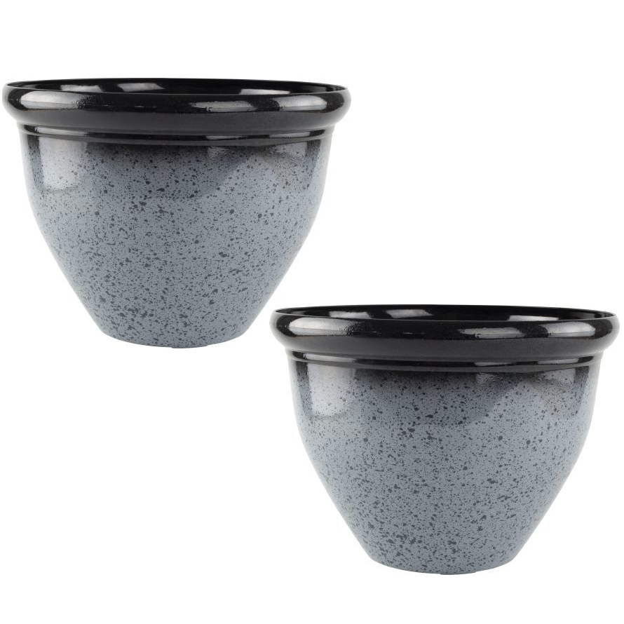 Set of 2 Granite Grey Plastic Plant Pot 30cm Gloss 8.5L Round Garden Planter