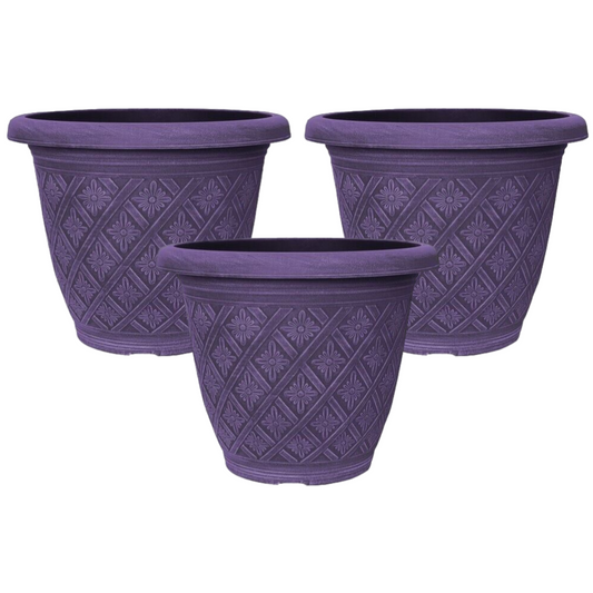 Planter Set of 3 Round 33cm Garden Plant Pot Woven Purple Flower Outdoor Deco