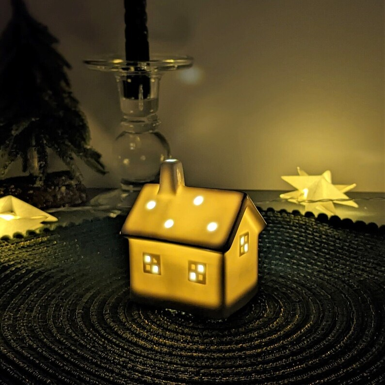 White Ceramic LED House Xmas Christmas Decor Ornament Gold Accent Theme