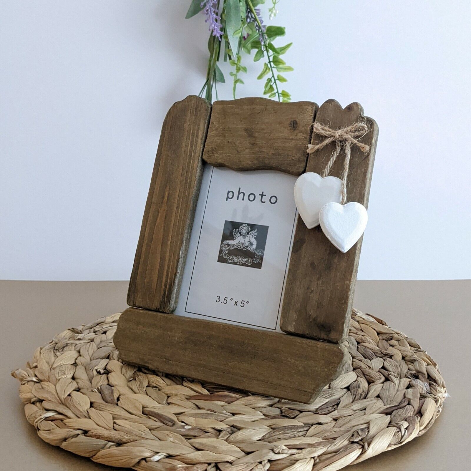 Photo Frame Wooden Driftwood With White Hanging Hearts Chabby Chic Display Frame