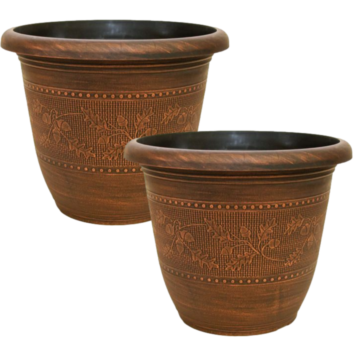 Planter Set of 2 Round 33cm Garden Plant Pot Antique Copper Acorn Flower Autumn