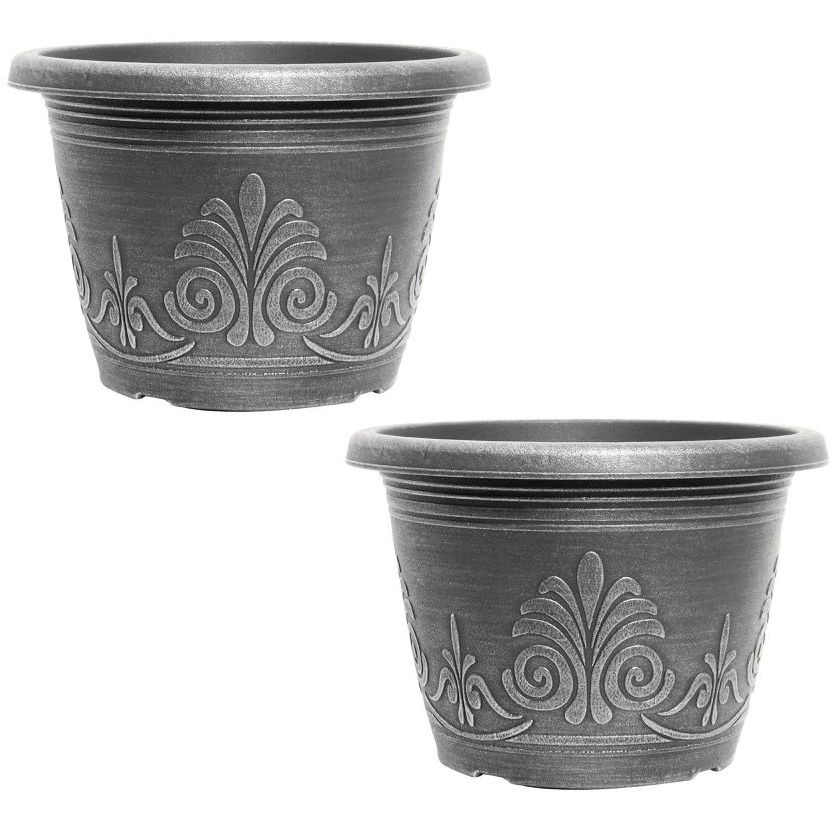 Set of 2 Silver Grey 3.6L Plastic Plant Pot 22cm Black Round Planter Cover