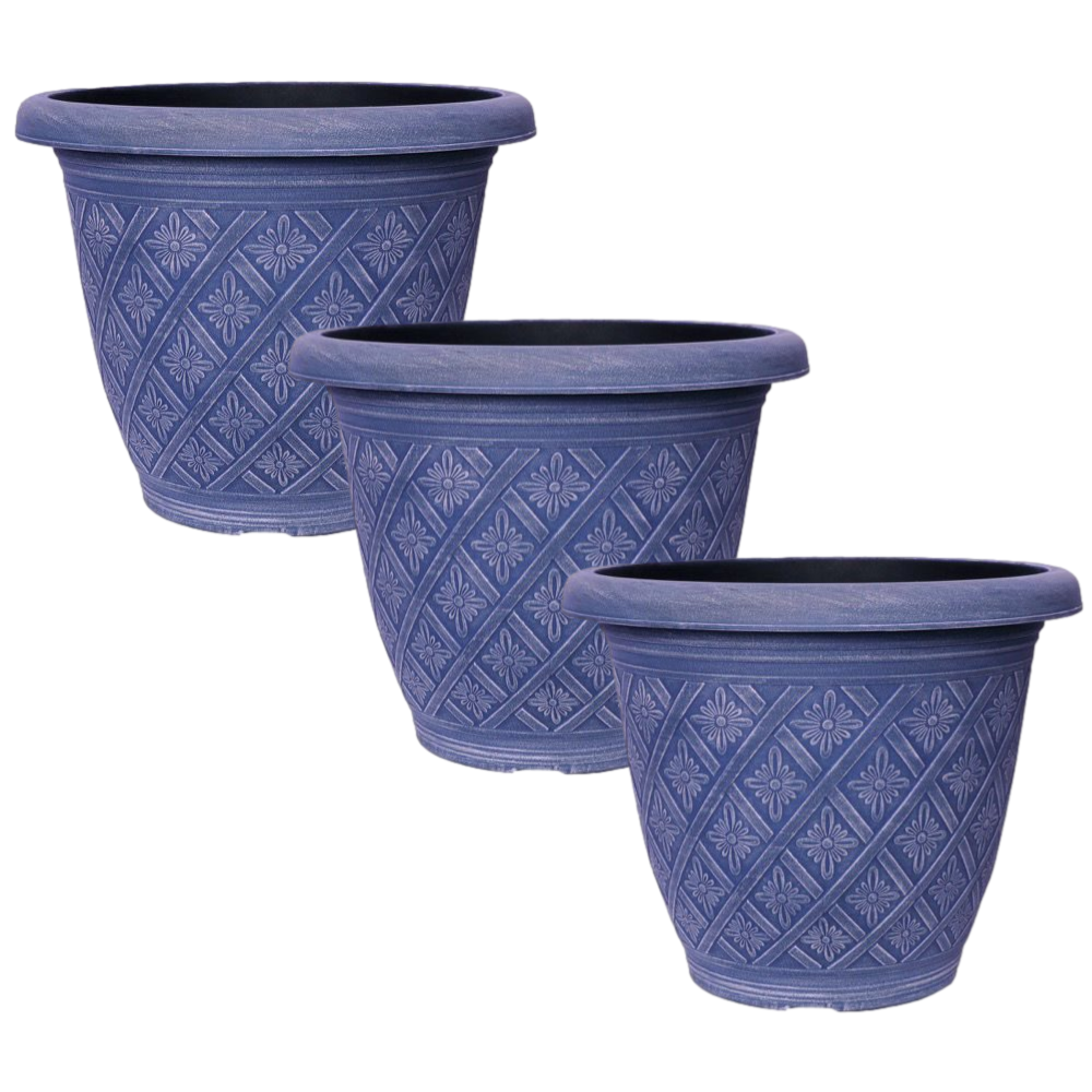 Set of 3 Round 33cm Garden Plant Pot Woven Blue Outdoor Planter Decorative Cover