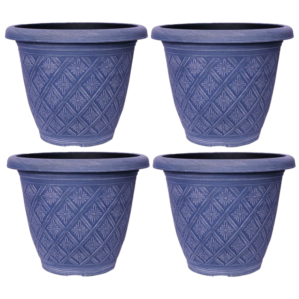 Planter Set of 4 Round 33cm Garden Plant Pot Woven Blue Outdoor Decorative Cover