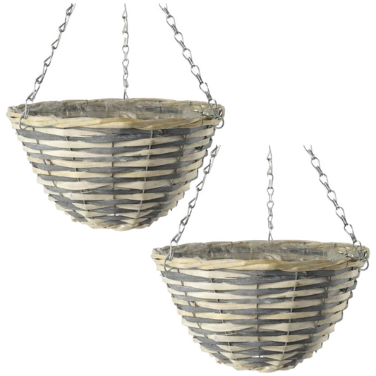 2X 30cm 12Inch Natural Grey Cream Wicker Hanging Basket Lined Willow Planter