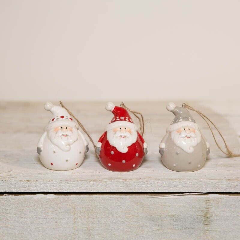 Set of 3 Ceramic Santa Christmas Tree Hanging Bauble White Red Grey Decor