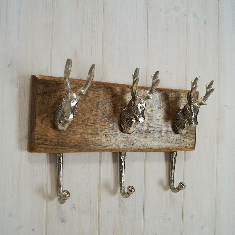 3 Stag Head Metal Hooks on Solid Wood Coat Clothes Holder Rack Wall Mount Hook