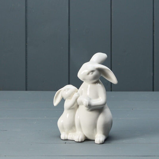 White Rabbits Figurine Glossy Ceramic Bunny Mother Baby Spring 14cm Ornament