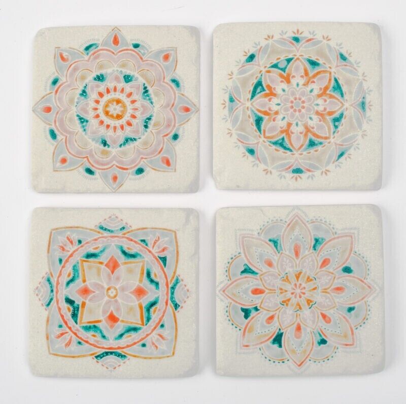 Ceramic Coasters Set of 4 Circular Motifs Cork Backed Coasters Table Decor Mats